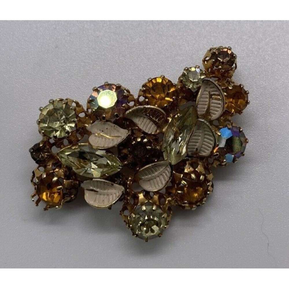 Vintage Signed Made in Austria Gold Tone Metal Brushed Enamel Rhinestone Brooch